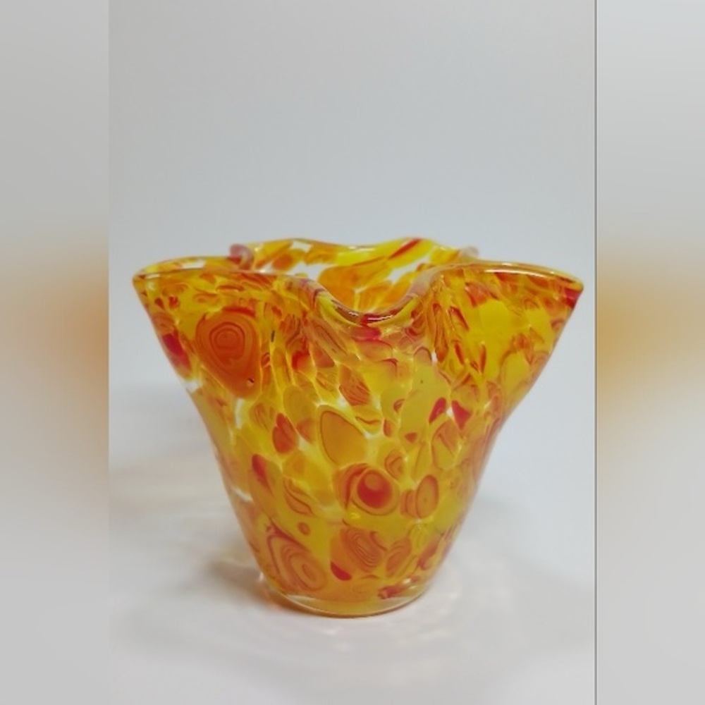 Vintage Handblown Orange and Red Wavy Vase